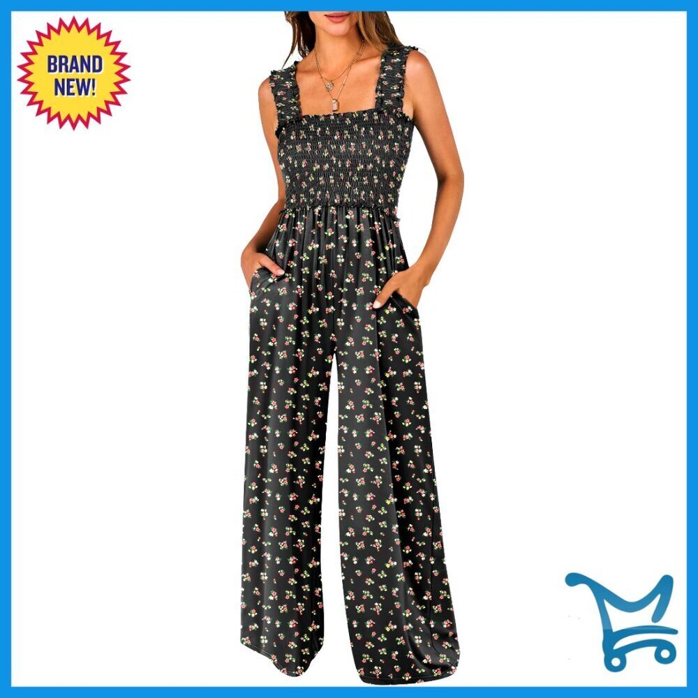 Sleeveless Smocked Jumpsuit Wide Leg Square Neck Casual Dressy Summer Romper